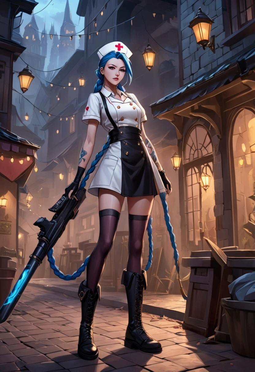 League of Legends ，Jinx ，Punk style eye makeup ，Nurse hat，(White nurse costume)， blue double twist braid，whole body，( Knee-high boots ),Purple over-the-knee socks ,Rose tattoo，Street Scene，Holding a weapon in his hand ，pistol， Cinematic Lighting ，（ best quality ，4K，8k， High Res，masterpiece：1.2）， Elegant Posture ，Dynamic composition， vivid colors ，fantasy，Concept art style, have a sense of danger and tension。