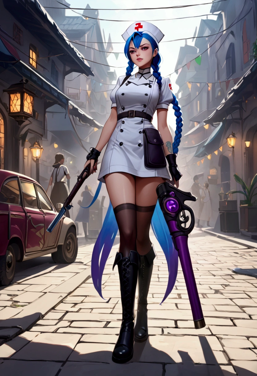 League of Legends ，Jinx ，Punk style eye makeup ，Nurse hat，(White nurse costume)， blue double twist braid，whole body，( Knee-high boots ),Purple over-the-knee socks ,Rose tattoo，Street Scene，Holding a weapon in his hand ，pistol， Cinematic Lighting ，（ best quality ，4K，8k， High Res，masterpiece：1.2）， Elegant Posture ，Dynamic composition， vivid colors ，fantasy，Concept art style, have a sense of danger and tension。