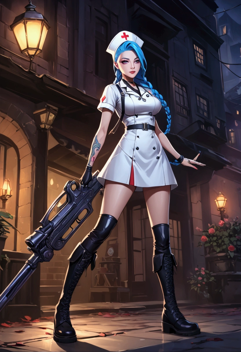 League of Legends ，Jinx ，Punk style eye makeup ，Nurse hat，(White nurse costume)， blue double twist braid，whole body，( Knee-high boots ),Purple over-the-knee socks ,Rose tattoo，Street Scene，Holding a weapon in his hand ，pistol， Cinematic Lighting ，（ best quality ，4K，8k， High Res，masterpiece：1.2）， Elegant Posture ，Dynamic composition， vivid colors ，fantasy，Concept art style, have a sense of danger and tension。