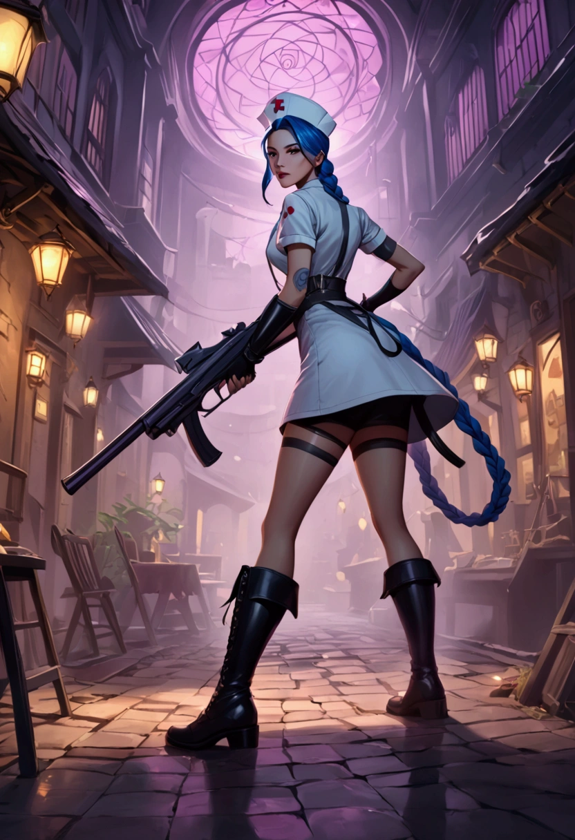 League of Legends ，Jinx ，Punk style eye makeup ，Nurse hat，(White nurse costume)， blue double twist braid，whole body，( Knee-high boots ),Purple over-the-knee socks ,Rose tattoo，Street Scene，Holding a weapon in his hand ，pistol， Cinematic Lighting ，（ best quality ，4K，8k， High Res，masterpiece：1.2）， Elegant Posture ，Dynamic composition， vivid colors ，fantasy，Concept art style, have a sense of danger and tension。