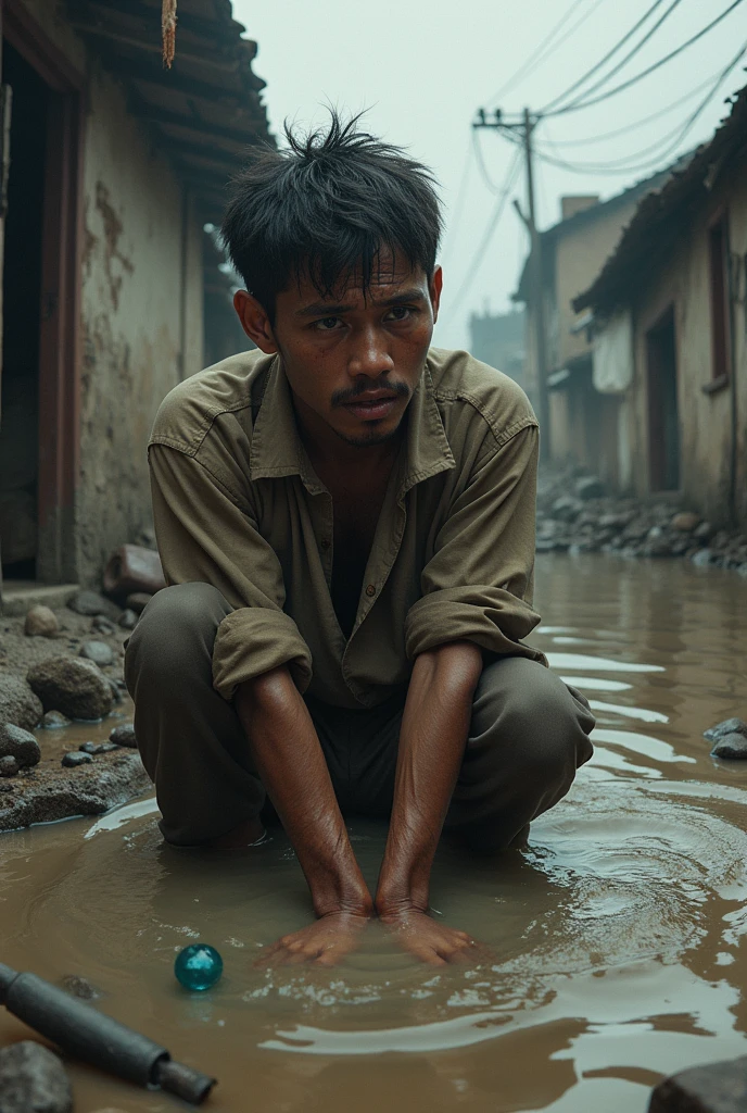 poor,Poor China sitting on the ground in the rain,Hands on knees