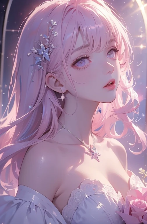 ((masterpiece:1.2)).8k.、     sexy、Center of chest、     Rise of the Chainsaw Man      、Beauty、     yandere、、       Face Closeup   、      Painful Screaming Kiss       、     chest tattoo     、      Christian Dior necklace bouquet 、(  The background is white )、(     waitress     )、((     Pink Hair)).((     look up     )).(( browse viewers))、(A glass space reflecting like a mirror  )).