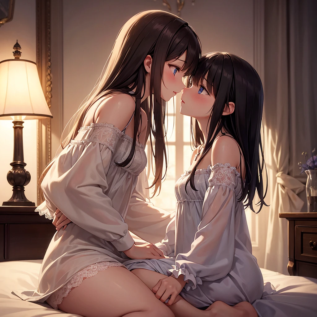 two female couples in their 20s, 2 females, light clothing for both women, during a kiss, romance, glossy atmosphere, glossy look, saliva spills, female (brown long hair, negligee), closing eyes, female (black short hair, legs showing), background (a room, bed), good lighting quality