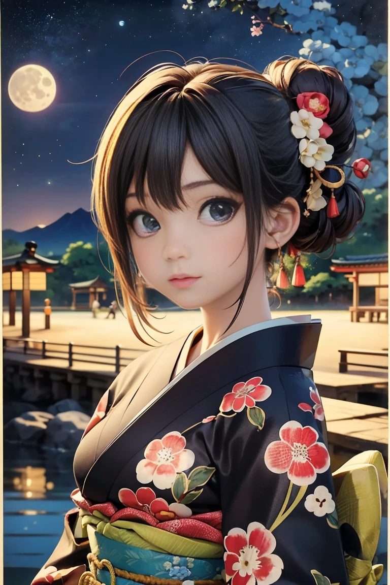 (Best Quality、 8k 、masterpiece、 Hi-Res)、(whole body)、 Vivid Colors、Brown Bob、 traditional round top knot 、 plump breasts、( Detailed Face and Eyes 、 Facial beauty、  beautiful eyes 、Beautiful Nose、Pretty lips)、Detailed Art,( Japanese painting ), ( kimono),( bright floral kimono ), background、river、 bridge 、mountain、wood、 starry sky 、moon、 CG in detail、