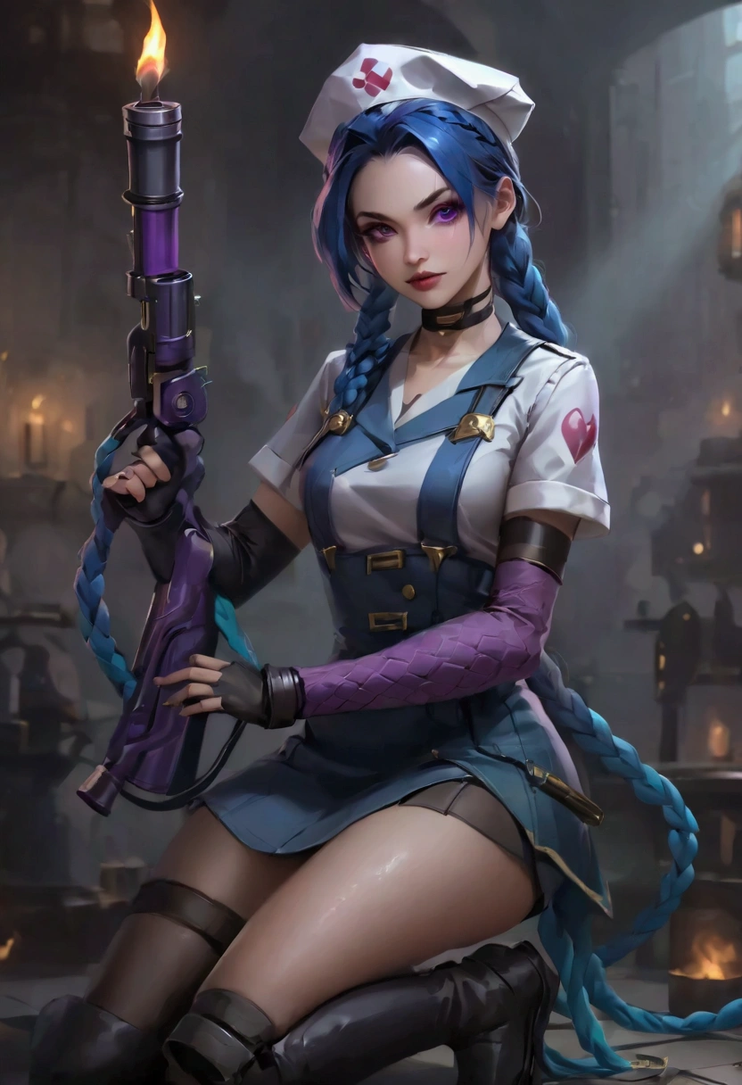 League of Legends ，Jinx ，Punk style eye makeup ，Nurse hat，(White nurse costume)，The blue double twist braid ，whole body，( Knee-high boots ),Purple over-the-knee socks ,Rose tattoo，Street Scene，Holding a weapon in his hand ，pistol， Cinematic Lighting ，（ best quality ，4K，8k， High Res，masterpiece：1.2）， Elegant Posture ，Dynamic composition， vivid colors ，fantasy，Concept art style, has a sense of danger and tension。