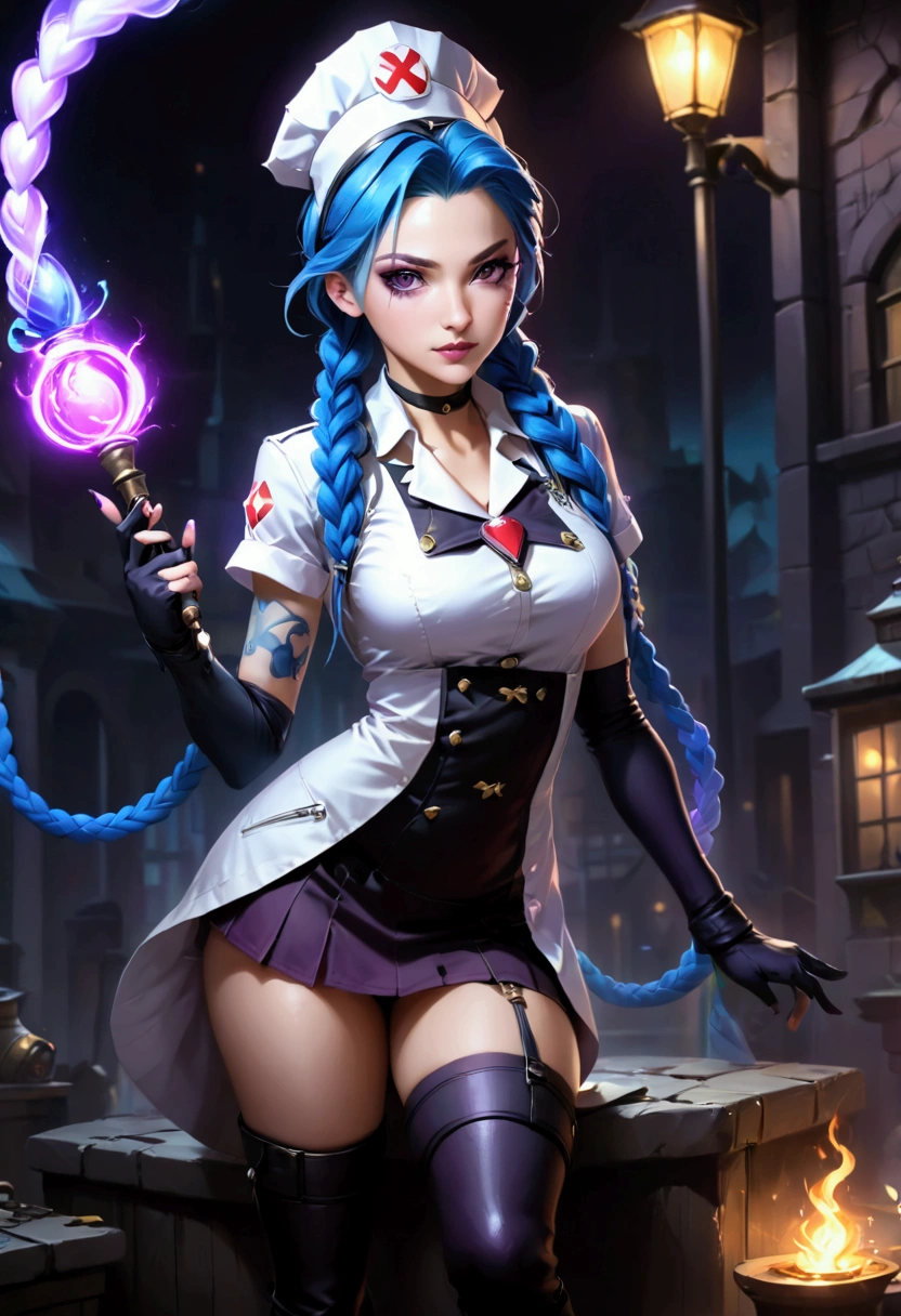 League of Legends ，Jinx ，Punk style eye makeup ，Nurse hat，(White nurse costume)，The blue double twist braid ，whole body，( Knee-high boots ),Purple over-the-knee socks ,Rose tattoo，Street Scene， Cinematic Lighting ，（ best quality ，4K，8k， High Res，masterpiece：1.2）， Elegant Posture ，Dynamic composition， vivid colors ，fantasy，Concept art style, has a sense of danger and tension。