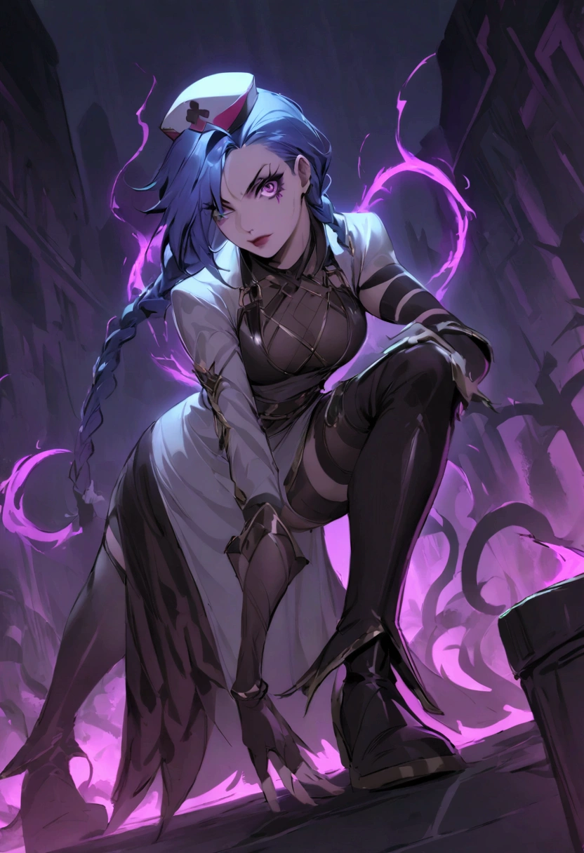 League of Legends ，Jinx ，Punk style eye makeup ，Nurse hat，(White nurse costume)，The blue double twist braid ，whole body，( Knee-high boots ),Purple over-the-knee socks ,Rose tattoo，Street Scene， Cinematic Lighting ，（ best quality ，4K，8k， High Res，masterpiece：1.2）， Elegant Posture ，Dynamic composition， vivid colors ，fantasy，Concept art style, There's a sense of danger and tension。