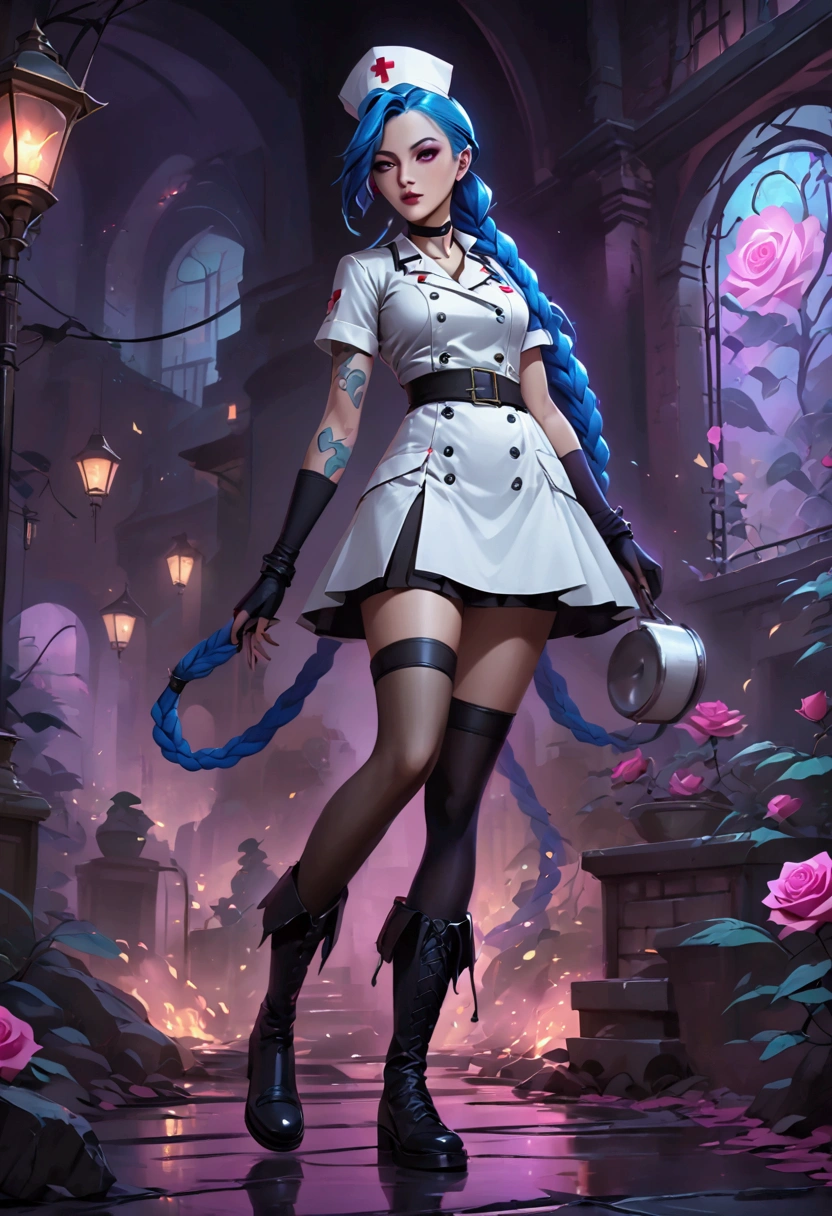 League of Legends ，Jinx ，Punk style eye makeup ，Nurse hat，(White nurse costume)， blue double twist braid，whole body，( Knee-high boots ),Purple over-the-knee socks ,Rose tattoo，Street Scene， Cinematic Lighting ，（ best quality ，4K，8k， High Res，masterpiece：1.2）， Elegant Posture ，Dynamic composition， vivid colors ，fantasy，Concept art style, have a sense of danger and tension。