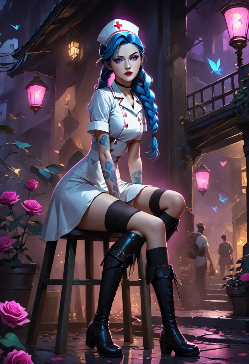 League of Legends ，Jinx ，Punk style eye makeup ，Nurse hat，(White nurse costume)， blue double twist braid，whole body，( Knee-high boots ),Purple over-the-knee socks ,Rose tattoo，Street Scene， Cinematic Lighting ，（ best quality ，4K，8k， High Res，masterpiece：1.2）， Elegant Posture ，Dynamic composition， vivid colors ，fantasy，Concept art style, have a sense of danger and tension。