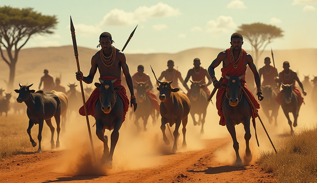 Create a captivating scene featuring the Bara warriors of Madagascar, Emblems of power and bravery. Imagine a vibrant picture of determination and courage, where these warriors stand in the bush, surrounded by majestic oxen, symboles de richesse et de prestige.
Some warriors proudly brandish spears, ancestral symbols of their valour and skill in combat. Les lances, Designed with meticulous precision, reflect their expertise in the art of war. Each warrior displays a determined posture, ready to defend its territory and its people.
Other warriors are armed with homemade rifles, A representation of adaptability and modernization while maintaining their warrior traditions. Rifles are witnesses of their evolution over time, without losing the legacy of their warlike past.
L'environnement qui les entoure est la brousse typique de Madagascar, with lush vegetation and green hills in the background. The sun breaks through the foliage, creating plays of light and shadow on warriors and their weapons.
The atmosphere of the stage should exude determination, Unity and pride, capturant l'esprit guerrier indomptable des Bara, ready to face any challenge that comes their way