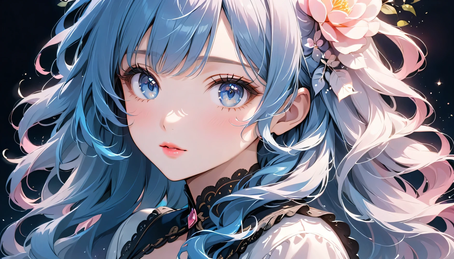 a girl with beautiful long curly blue hair , facial details , Deep blue eyes, a small nose and delicate pink lips,