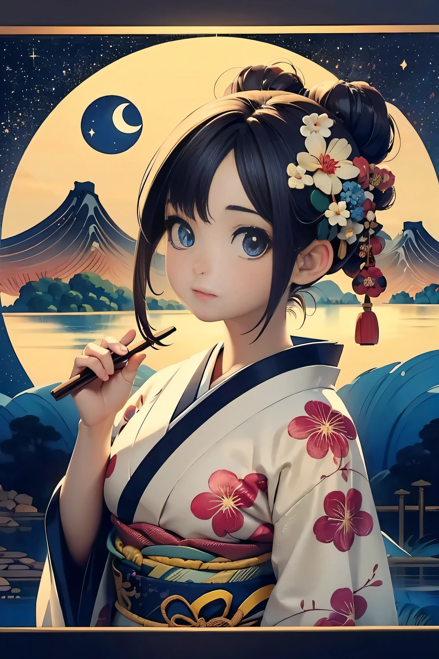 (Best Quality、 8k 、masterpiece、 Hi-Res)、(whole body)、 Vivid Colors、Brown Bob、 traditional round top knot 、 plump breasts、( Detailed Face and Eyes 、 Facial beauty、  beautiful eyes 、Beautiful Nose、Pretty lips)、Detailed Art,( Japanese painting ), ( kimono),( bright floral kimono ), background、river、 bridge 、mountain、wood、 starry sky 、moon、 CG in detail、