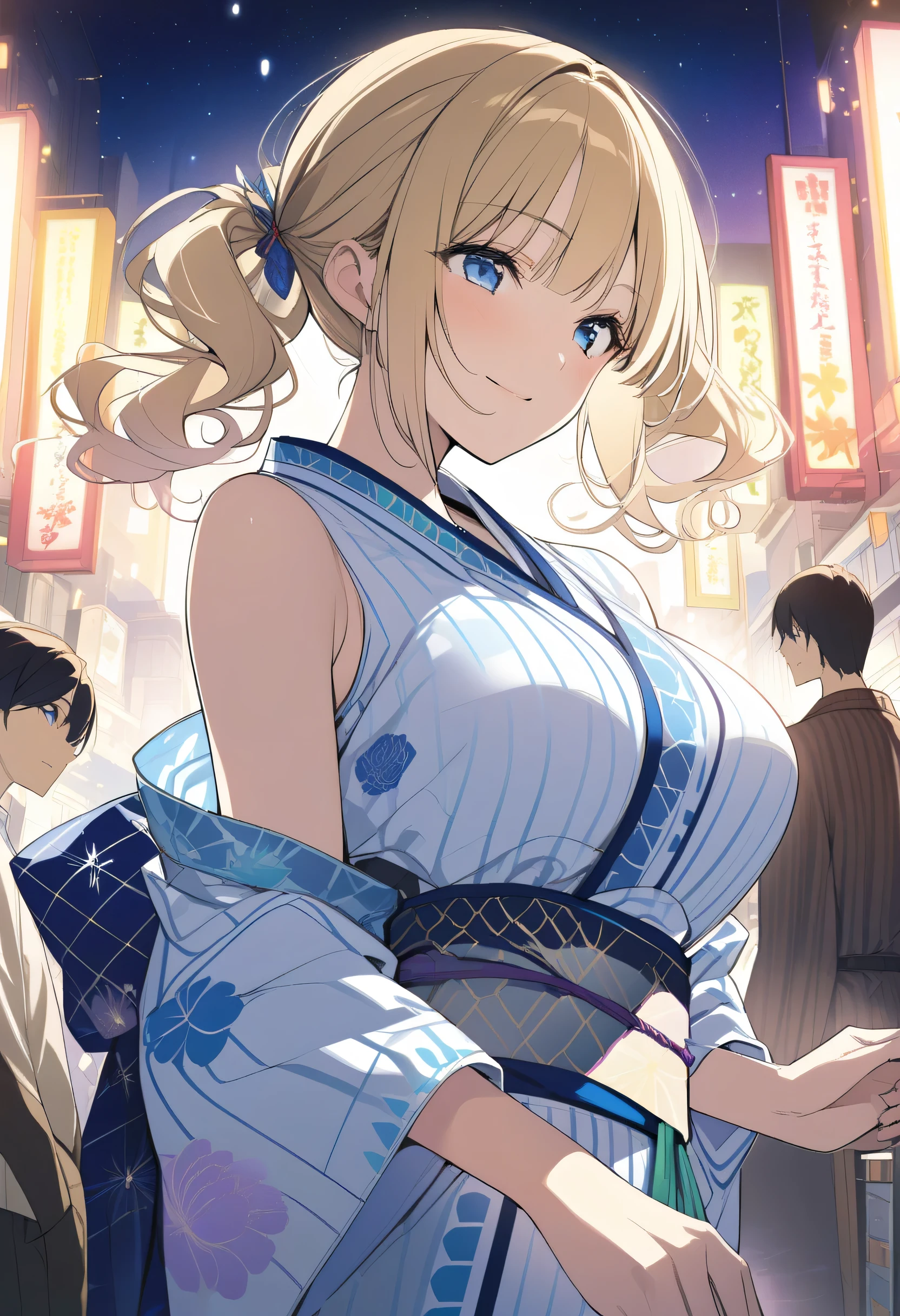 masterpiece,   Details, 8k, Best Quality, Novel illustrations,  1 girl, yukata, カラフルなyukata , slender, blonde,  twin tails,  short bang ,   Details face,   blue eyes ,  Big Breasts、 and stare at my tall boyfriend、I look up shyly 、 A lovely blushing smile ,  hold hands with her,  sleeveless, off shoulder、 We look at each other's visible chest 、 A bustling summer festival at night, Dazzling fireworks 、Accurate hands、the girlfriend 、profile、 beside you、Next to me、