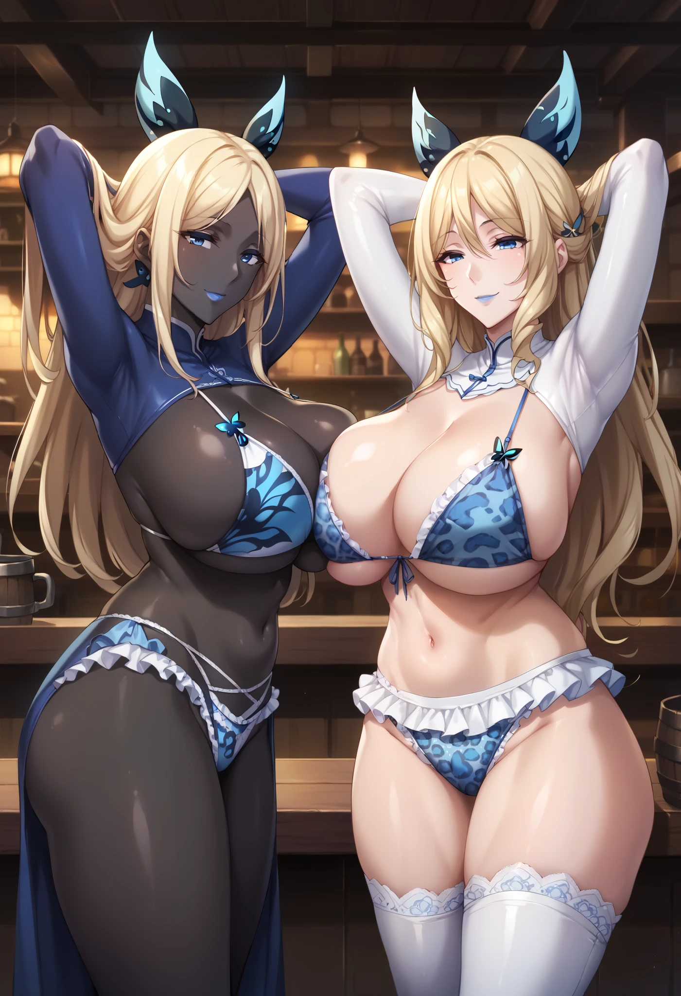 score_9, score_8_up, score_7_up, 1girl, milf, solo, (colored skin, black skin), Mai Aoe, (huge breasts:1.3), (((blonde hair), long hair, long sidelocks, blue eyes, half-closes eyes)), blue lips, ((butterfly hair ornament, white latex shrug, long slesves, blue leopard print bikini, frilled panties)), ((light smile), closed mouth), ((arms behind heads, tavern))