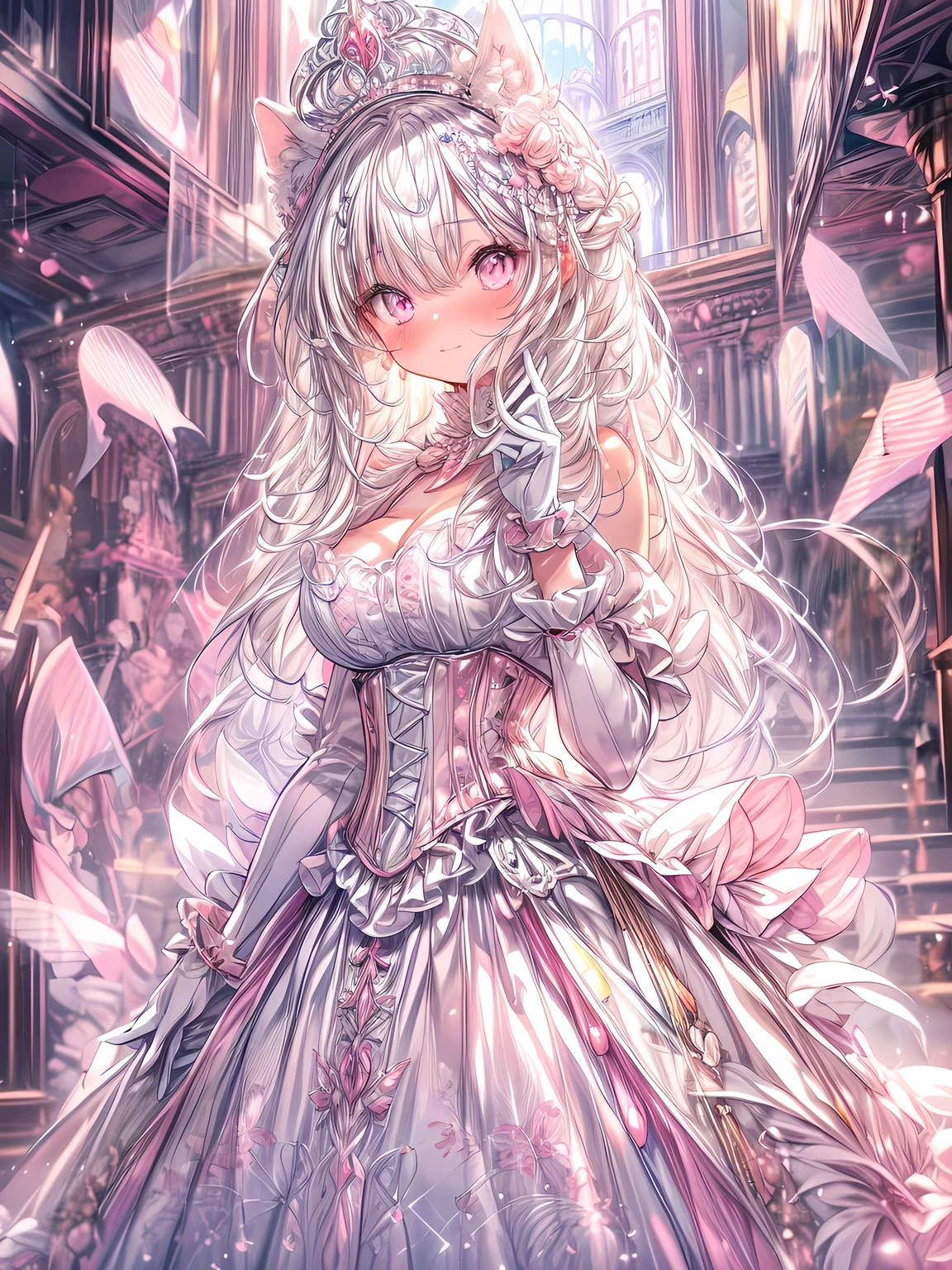 ((anime artstyle)),(Masterpiece),(Best Quality), (Super Detail),((Very Delicate and Beautiful)),(((Solo))),((full body)),(((1 princess in sweet lolita dress with voluminous full length hoop skirt))),((standing in proscenium theater)),Long train,(bling-bling gorgeous gemstone jewelry),detailed face and eyes,jewel-like eyes,((large amount of straight hair,extremely voluminous Very Long Straight Hair)),(((gorgeousfull embroidery and lace))),((gigantic tits,Long tits)),cleavage,gorgeous corsage,See-through,((extremely gorgeousfull lolita hair ornament)),bling-bling extremely gorgeousfull jeweled tiara,ornate ruffles,beautiful embroidery,(hoop skirt,crinoline),flowers, flower petals flowing,((Dynamic Angle)),Looking at viewer,((full body)),(((sweet lolita dress with voluminous full length hoop skirt)))