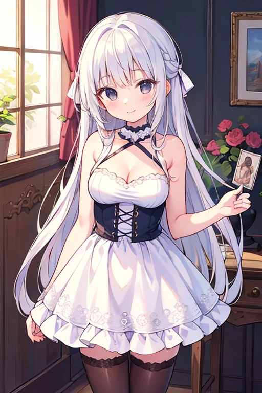 Masterpiece, amazing quality, best quality, detailed, absurdres, illustration, game_cg, intricate, an extremely delicate and beautiful,

1 girl, 22 years old, 152cm, cute, perfect anatomy, black eyes, detailed eye, pettier,

White  hair, long hair, straight hair, hair down, smile, happy, textured skin, medium breast,

sleeveless, cleavage, mini skirt, pretty dress