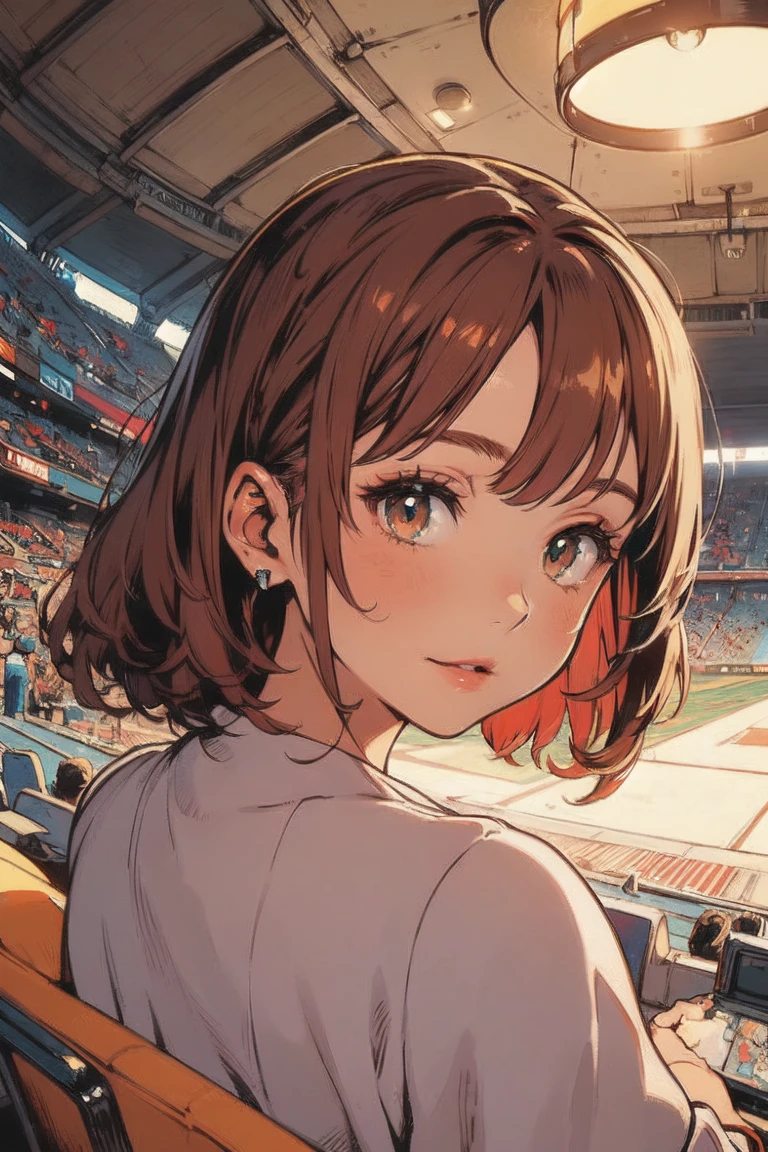 NSFW, (see-through:1.２), flat, ligneclaire, (masterpiece:1.4), (Best Quality:1.4),  Extremely detailed, Complex,  HYPER DETAIL , ( perfect face), Illustration, soft lighting , Scenic,  1 girl,  happy ,  Bright auburn hair,  colorful ,  colorized, from_Down ,_ costume , Stadium 