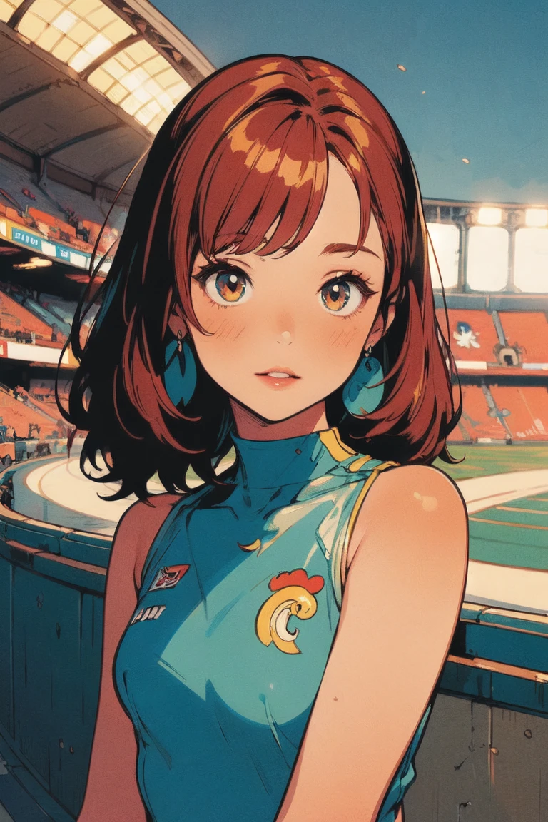 NSFW, (see-through:1.２), flat, ligneclaire, (masterpiece:1.4), (Best Quality:1.4),  Extremely detailed, Complex,  HYPER DETAIL , ( perfect face), Illustration, soft lighting , Scenic,  1 girl,  happy ,  Bright auburn hair,  colorful ,  colorized, from_Down ,_ costume , Stadium 