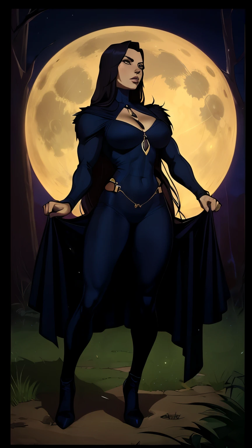 A highly detailed, photorealistic full-body image of a powerful, muscular woman with long dark hair, wearing a dark costume, standing in a forest under a full moon at night with a foggy atmosphere, (best quality,4k,8k,highres,masterpiece:1.2),ultra-detailed,(realistic,photorealistic,photo-realistic:1.37),extremely detailed eyes and face,longeyelashes,beautiful detailed eyes,beautiful detailed lips,woman,muscle,bouncing,(long hair:1.3),dark costume,forest,full moon,night,foggy