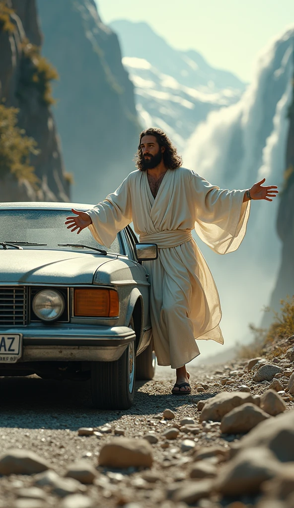 Jesus in white, holding onto the side of an car, in a photorealistic style. The background is a landslide down a cliff on a mountain road.