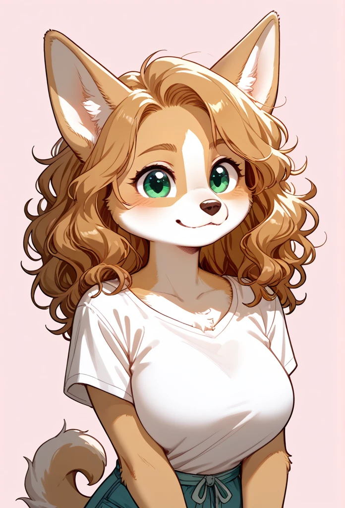 (solo) female anthro corgi furry, wavy hair, fluffy hair, long wavy hair, cat furry, big breasts, attractive, fuzzy tights, fuzzy fur, slightly thick, pretty eyes, (sweet expression), she is facing the viewer , cute background, simple background, (front view) corgi snout, animal snout, dog nose, corgi, Simple background, Masterpiece, jewelry, Best Quality, paws, 1girl, High Resolution, paws cute, corgi 