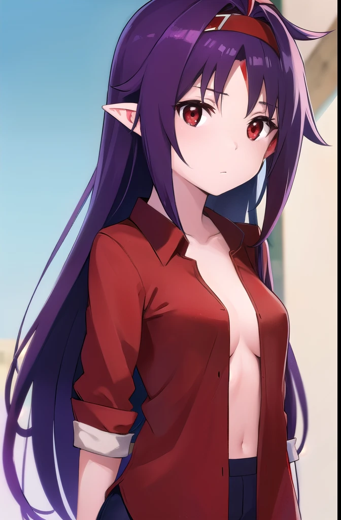 Yukibase, Purple Hair, Long Hair, Ahoge, Red eyes, Pointed Ears, hair band, Bare shoulders, gloves, One girl, Solo Break, Depth of written boundary, Cinematic, Game CG, Anime screenshots, Official Art, masterpiece, Highest quality,Fully nude,With nipples,Pussy in full view in the city,1girl, double handjob, 2boys, penis,