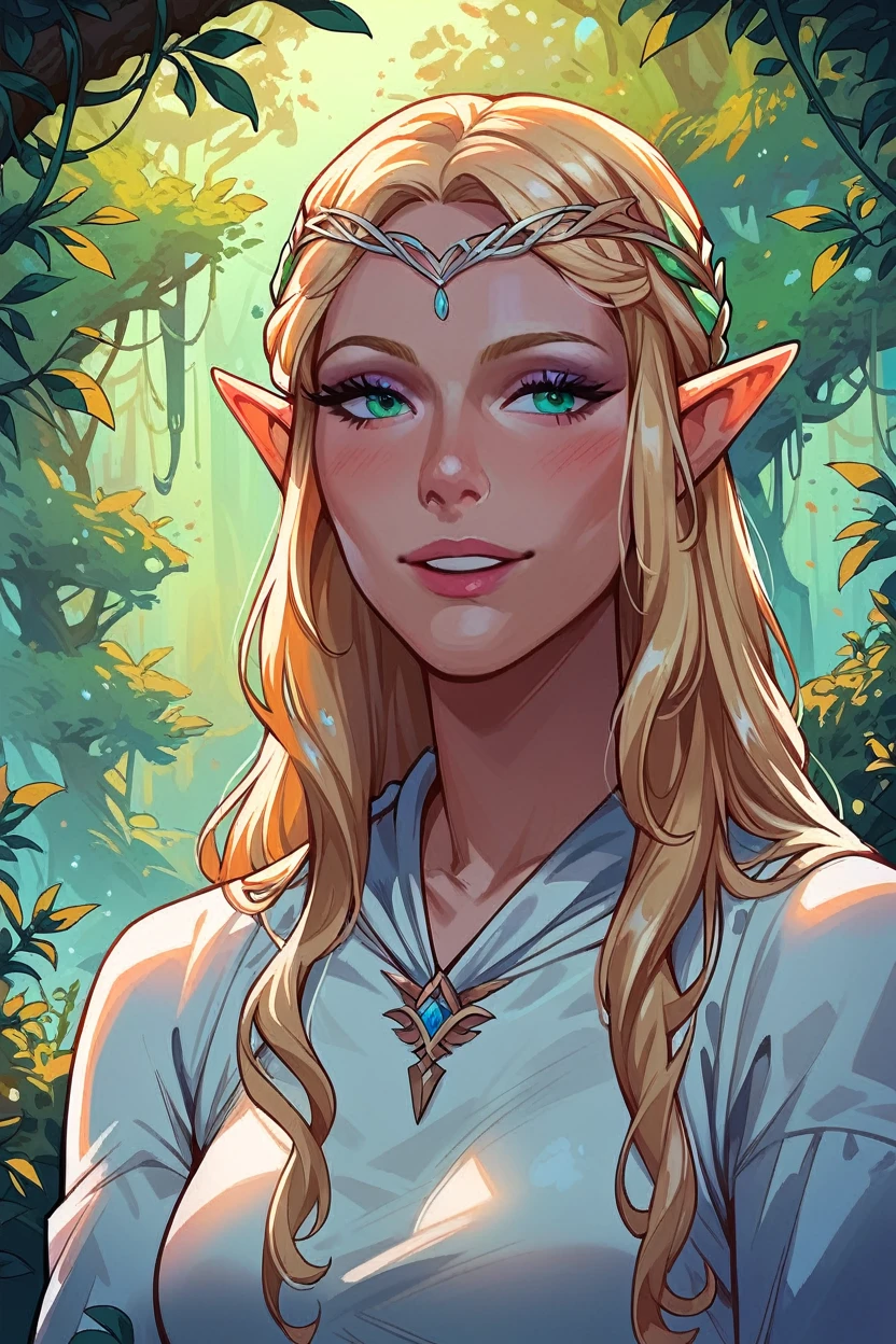 score_9,score_8_up,score_7_up,score_6_up,score_5_up,score_4_up 1girl  galadriel, elf,  long hair,  blond hair, a tiara, the forest,  Loten landscapes , fantasy, One, portrait,  seductive smile,