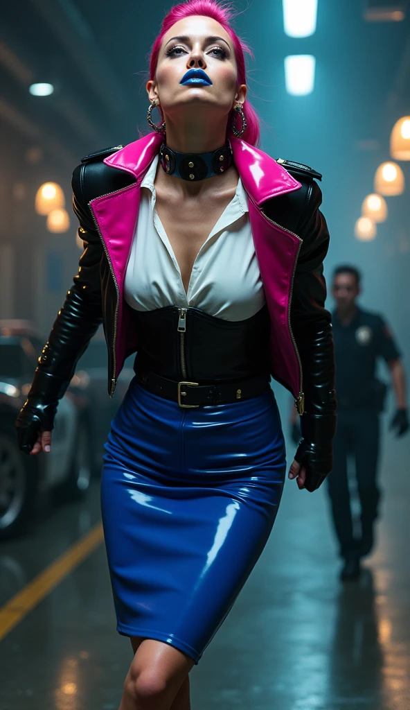 A gangster boss on the streets of Japan， A group of gang members stood behind，angry look，Mixed Korean，The background is blurred out，focal，电影灯光，(((tmasterpiece))), ((best qualtiy)), ((Complex and detailed)), ((ultra-realistic realism)), Ridiculous resolution, A MILF, Mature woman, ssee-through, highly  detailed, illustratio, 1girll, (huge tit), Thin waist and thick hips，long leges，beatiful detailed eyes, short detailed hair, brunette color hair, a purple eye, (Gangster suit:1.2),Suit thugs，a skirt，stocklings，Lace，Tattooed with，Large flower arms，Full of tattoos，Japanese yakuza，Kamami Yamaguchi，Japanese Yamaguchi-gumi，Japanese yakuza woman，The Underworld，full tattoo，Gangster boss，Lunette de soleil，and there is blood on the corners of your mouth，Gang boss，bandage on hands，Bloody violence，Sexy and feminine，（No underwear），pantiess, detailed back ground, perfect  eyes, Seductive eye, （nice hand），Detail hands，looking at viewert，From the front，Wear light，（Bloody gangsters），Behind stood a row of subordinates