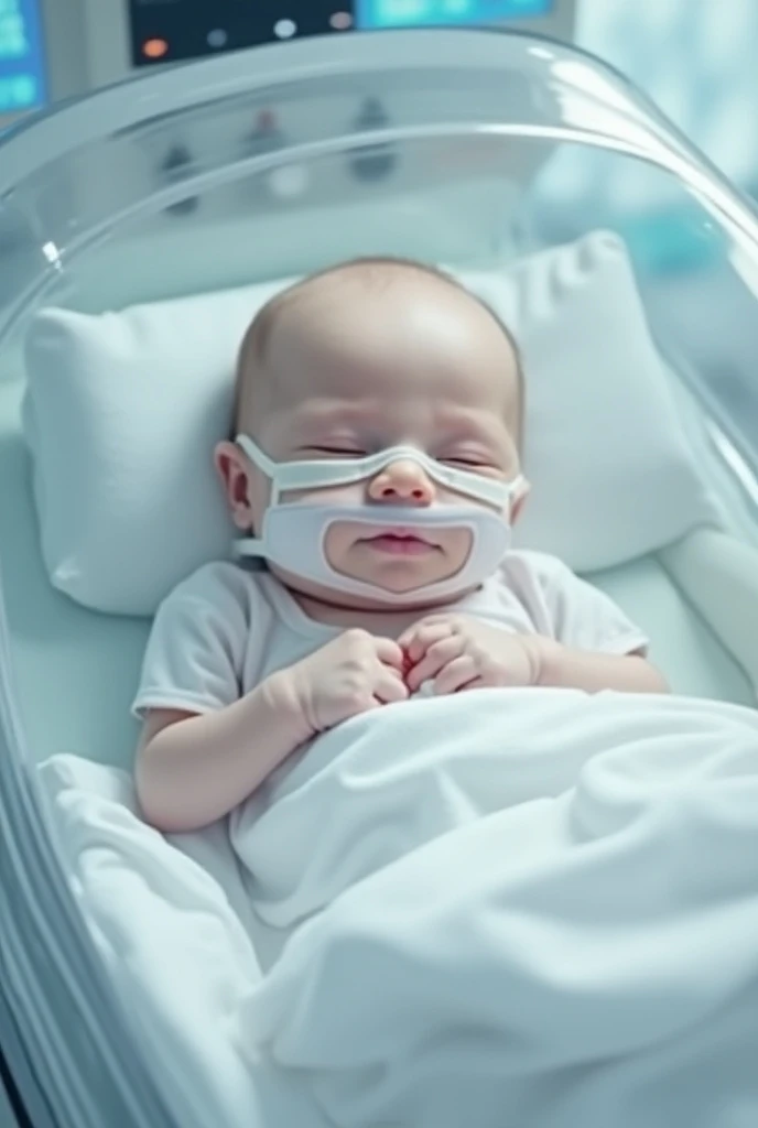In a hospital setting, a baby is standing in a sterile room, with white walls and fluorescent lights. The baby, with his face contorted with fear and tears streaming down, Holds your neck with a trembling hand. From a cut on the neck, a grotesque worm emerges, causing horror and despair. The baby&#39;s expression is one of pure terror, eyes wide and mouth open in a harrowing cry. Ao fundo, modern medical equipment shine, adding a cold, impersonal atmosphere to the setting.

