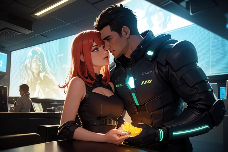 A woman and her a mecha having dinner at an expensive steakhouse, happy, romantic atmosphere, candlelit