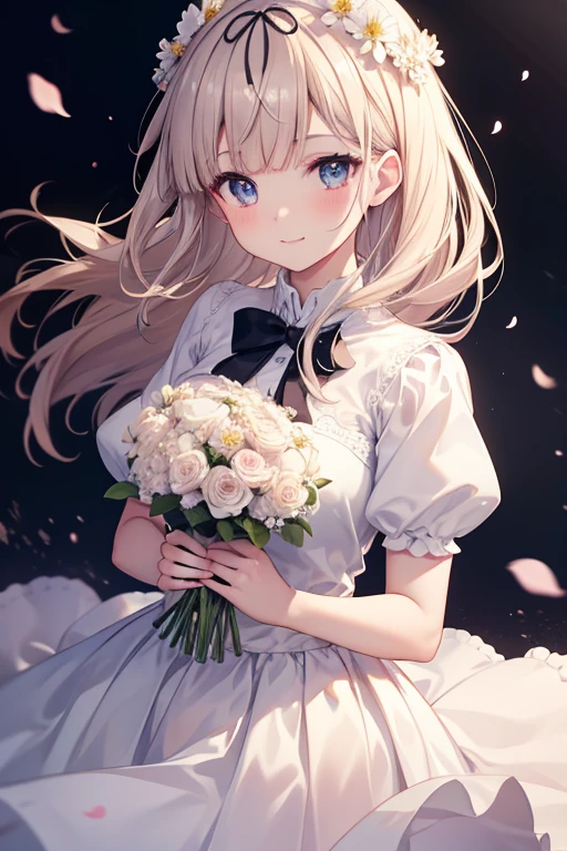 Medium size display,  medium shot ,  depth of field,  Bust,  upper body,  cinematic angles, masterpiece, Best Quality, Super detailed, CG, 8k wallpaper,  Facial beauty,  DELICATE EYES FULL OF DECISION, country々, Alone, smile, bangs, skirt, shirt,  have ,  dress, bow,  petals, bouquet