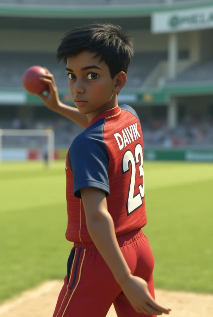 A boy wearing a newzeland cricket kit  named" haider* with number *5