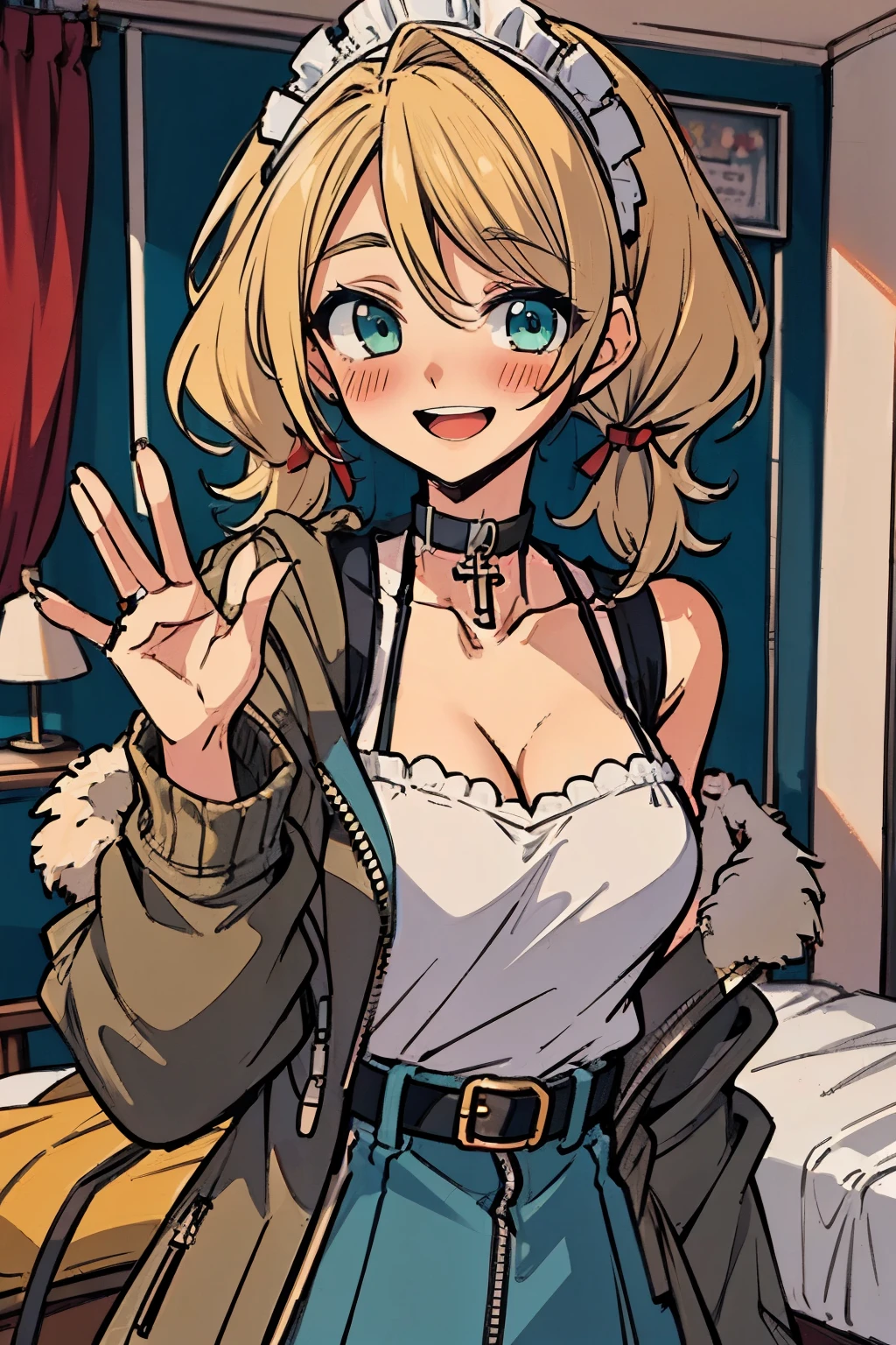 (masterpiece:1.2), (high quality:1.2), rekkyo sensen, rekkyou sensen, girls with(((1girl, solo, aiden d adams, blonde hair, teal eyes, smiling, blush, wavy medium hair, low twintails:1.3), maid, off-shoulder sleeves, bare shoulder, breasts, choker, cleavage, coat, cowboy shot, (white frilled dress:1.2), camisole, stright dress, (((stright dress)))wear, white apron, collar, collarbone, rosary, rosary choker, cross, fur, khaki hoodie, green hoodie, hood down, hooded coat, hooded jacket, hoodie, jacket, large breasts, long sleeves, medium breasts, open clothes, open coat,open hoodie, sleeveless, winter clothes, zipper, cleavage, upper body, hand up, waving, palm)), background with((bedroom, room:2.0))