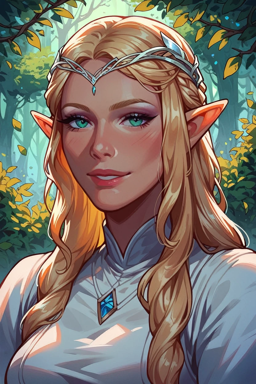 score_9,score_8_up,score_7_up,score_6_up,score_5_up,score_4_up 1girl  galadriel, elf,  long hair,  blond hair, a tiara, the forest,  Loten landscapes , fantasy, One, portrait,  seductive smile,