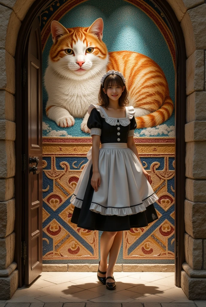 ultra-realistic, photorealistic, dramatic scene, shadow, global-illumination, solo, (teenage Japanese famous idol girl:1.5), very beautiful fragile Japanese girl, very beautiful with very cute but boyish cool face, detailed face, (modern maid:1.2), (wearing a cute colored maid outfits with frills:1.2), (very large breasts), slim waist, she is standing at the entrance of the European old castle, smile, A faded tiled mosaic wall with a sleeping giant fat cat, A masterpiece of mosaic art, she is touching the mosaic art and showing a gentle smile to viewers