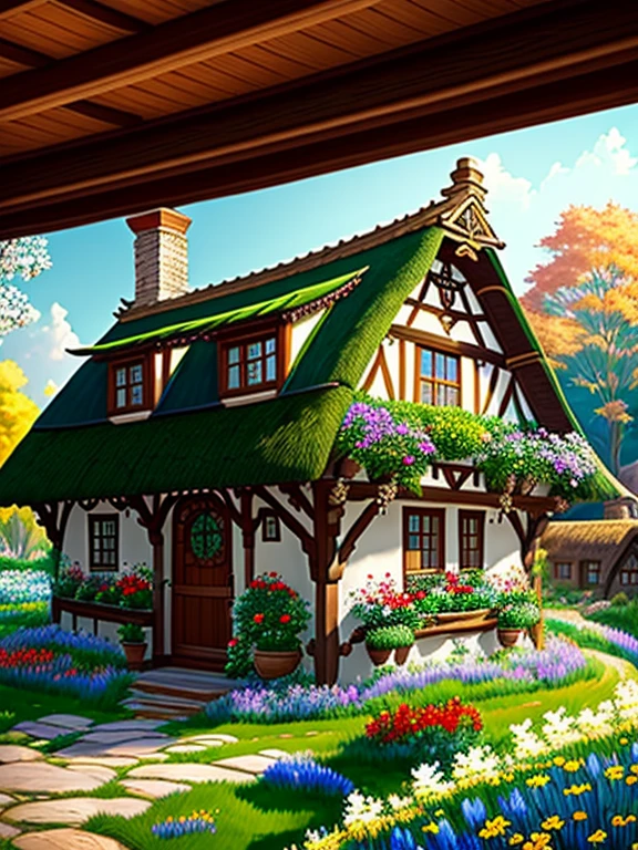  Picture of a traditional cottage in medieval England 、Fairy tale、Vivid picture、 beautiful brown timber frame on bright white wall。ochre thatched cottage 、Flowers surrounding the house 々、The background is a vast green hill、 Bright Blue Skies 