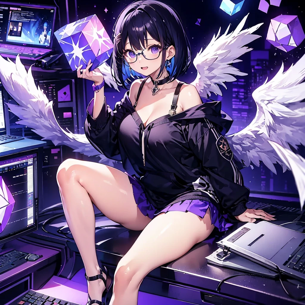 solo1.3、 High Quality、Purple-black bob cut 、 sitting on the purple cube in front of the monitor 、oversized black hoodie and purple miniskirt 1.6、I made a silver light cube float on my right hand 1.5、voluptuous、Angel Girl Sandalphone 1 .8、Confident smile without opening her mouth1 .1、black rimmed glasses 1.4、