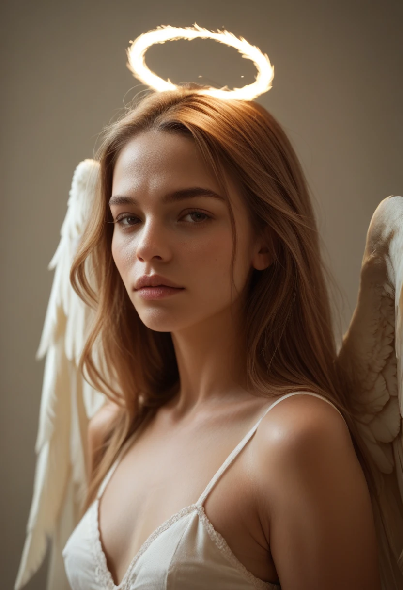 photo realistic woman, woman brown eyesblond hair, ultrahd, surrealistic style, angel, detailed face  