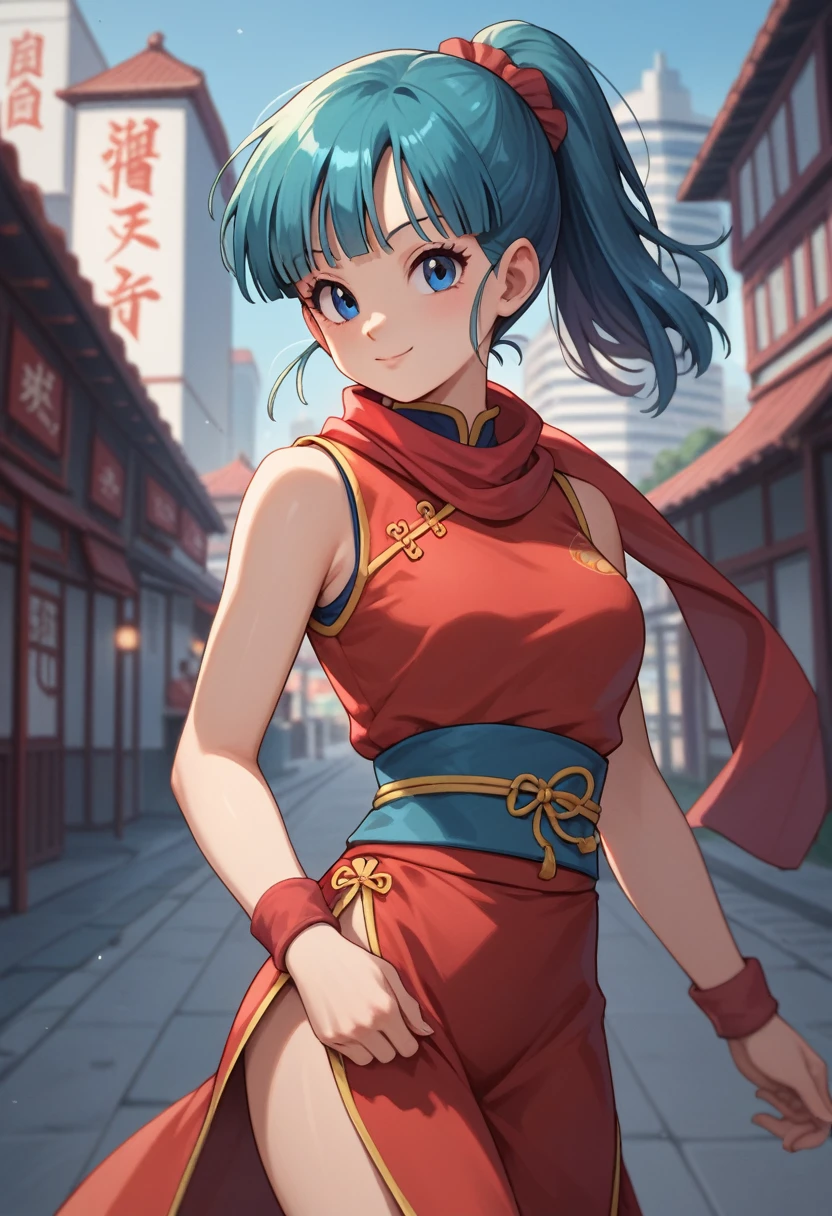 score_9_up, score_8_up, score_7_up,score_6_up, score_5_up, score_4_up, ,1girl, solo, chi chi, black eyes, black hair, long hair, hime cut, blunt bangs, sidelocks, bare arms, blue dress, china dress, chinese clothes, dress, high collar, obi, pants, ponytail, red pants, red sash, red wristband, sash, side slit, sleeveless, sleeveless dress, wristband, Original style, Bulma, short hair, blue eyes, blue hair, White short-sleeved shirt, jeans, red scarf around the neck, flirting, cowboy boots, city background