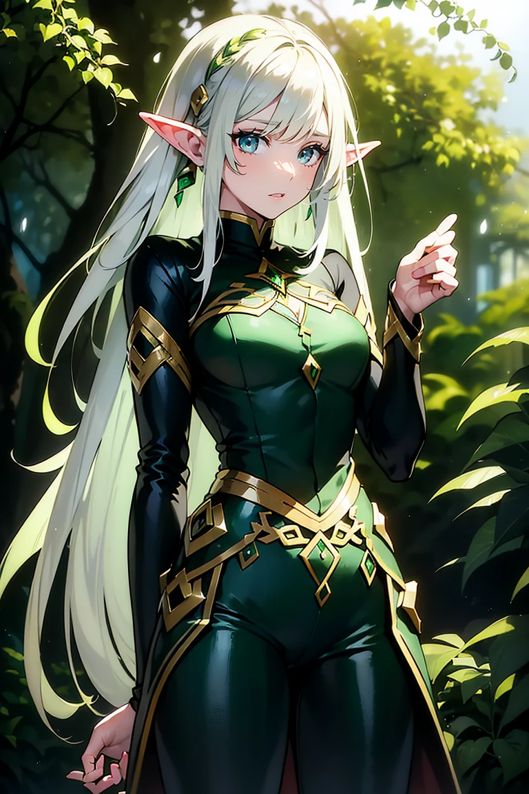 ((green eyes)),((masterpiece)),(((best quality))),(character design sheet, same character,), elven woman, ((side view:0.5)) anime girl, Gesture, character design. ((green eyes)). 1girl, solo, teenager, ((white hair)), ((green eyes)), pants, long sleeves, pointed ears. ((black clothes))
