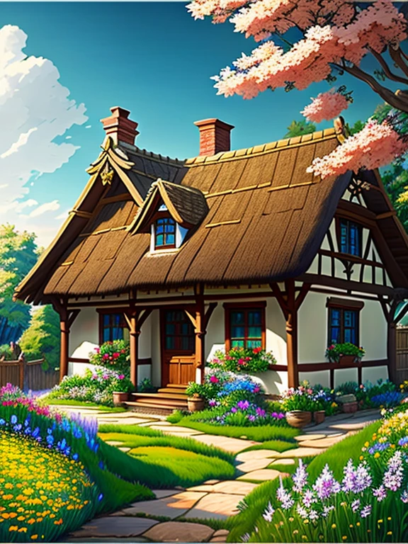  Picture of a traditional cottage in medieval England 、Fairy tale、Vivid picture、 beautiful brown timber frame on bright white wall。ochre thatched cottage 、Flowers surrounding the house 々、The background is a vast green hill、 Bright Blue Skies 