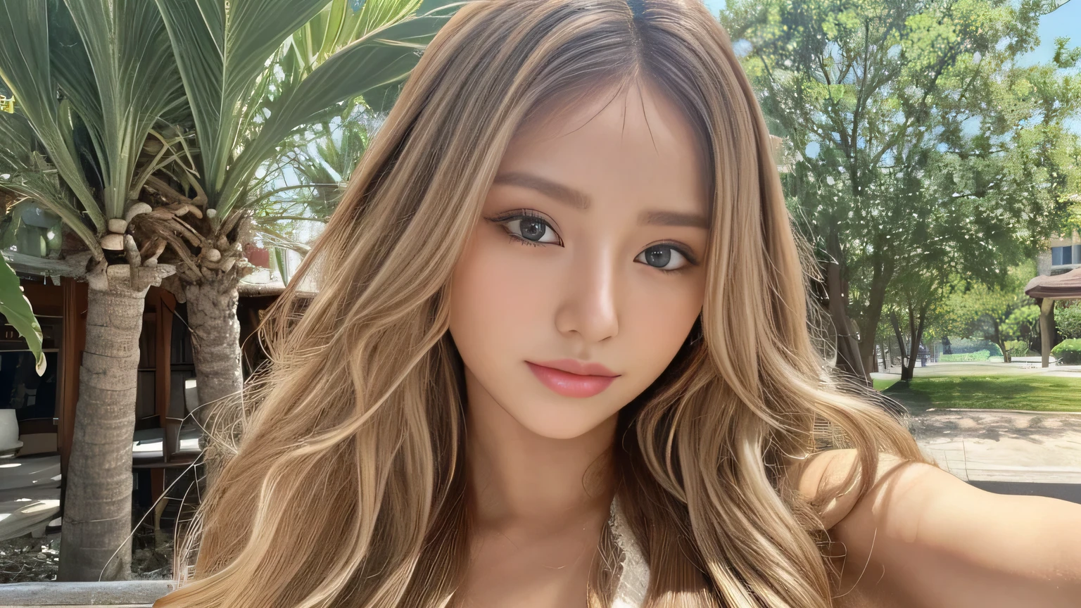 Long Hair, curly hair,White beige hair color:1.2,、Sunburn:1.5,Selfie:1.5、maSterpiece、HigheSt quality、Extremely detailed 8K、、 very detailedな、 very detailed、very Realistic、RealiStic、JapaneSe、one person'S、High Head Rate、Beautiful realiStic face、RealiStic face in every detail、 Attention to Details , RealiStic Hair、Beautiful and realiStic hairStyleS、Beautiful and realiStic eyeS、h very detailed realiStic eyeS、Proportional eyeS、H very detailed pupilS、 very detailedリアルな自然な眉毛、 very detailedリアルな唇、 Beautiful and realiStic lipS、Pink lipStick、Sexy lipS、RealiStic and well-proportioned breaStS、RealiStic medium Sized breaStS、Slim Abs、 Very detailed skin、Ultra-high reSolution,8k,RealiStic、 perfect sentence, Detailed Lighting, Dramatic ShadowS, ray tracing, 1 person, watching the audience、Tight white camiSole:1.5、Big BreaStS:1.4 、CondeScending Smile、CompenSate、whole body、
