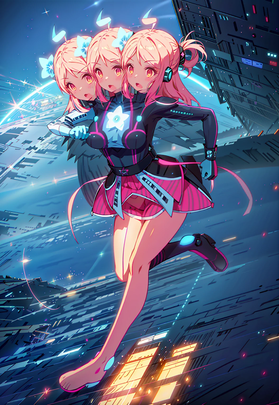 (masterpiece, best quality), best resolution, 16k, close-up shot, BREAK 1girl, solo, (3heads, conjoined_dicephalus: 1.5), long hair, scifi, star on the head, ahoge, bodysuit ,headset, electric suit, futuristic suit, futuristic device, long boots, suit with star patterns, (white clothes), light color clothes, colorful, BREAK (pink stripes, yellow stripes, lightblue stripes), BREAK running, serious, open mouth, raise one arm, BREAK detailed shadow, glowing stripes, detailed lighting, (night sky, dark sky, cyber futuristic city)