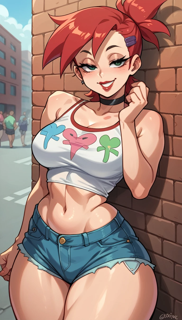 
frankie foster, red hair, (colorful striped tank top shirt +   very short and tight low waist denim shorts),   black leather choker  , lipstick,   exposed legs  , thick thighs ,   shiny and oily skin ,focus only,   half-closed eyes  ,  smiling,   posing for Instagram  , in the street (um beco, Brick walls,Graphite,Urban,), face vibrant colors.