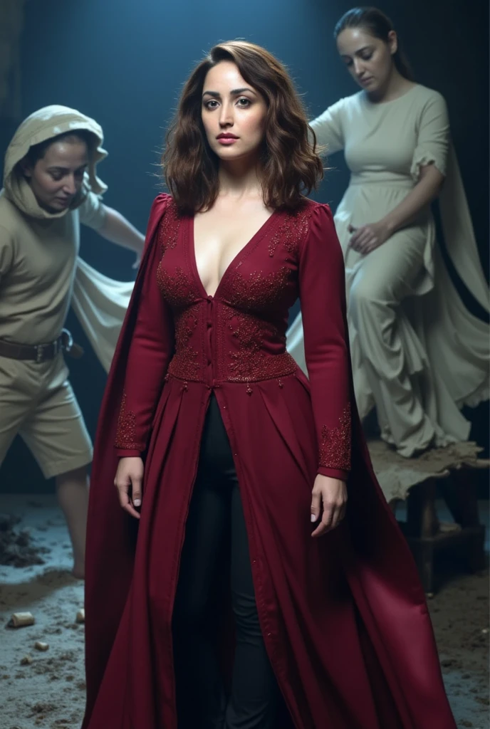 Scene from Movie, Scarlet Witch costume from Marvel front view showing cleavage, Distorted Space, Distorted Undead in the Background, Lens Flares, Light Shafts, Intricate Details, High Detailed, Volumetric Lighting, 4k Rendering, Stock Photo, Hyper Realistic, Realistic Textures, Dramatic Lighting, Unreal Engine