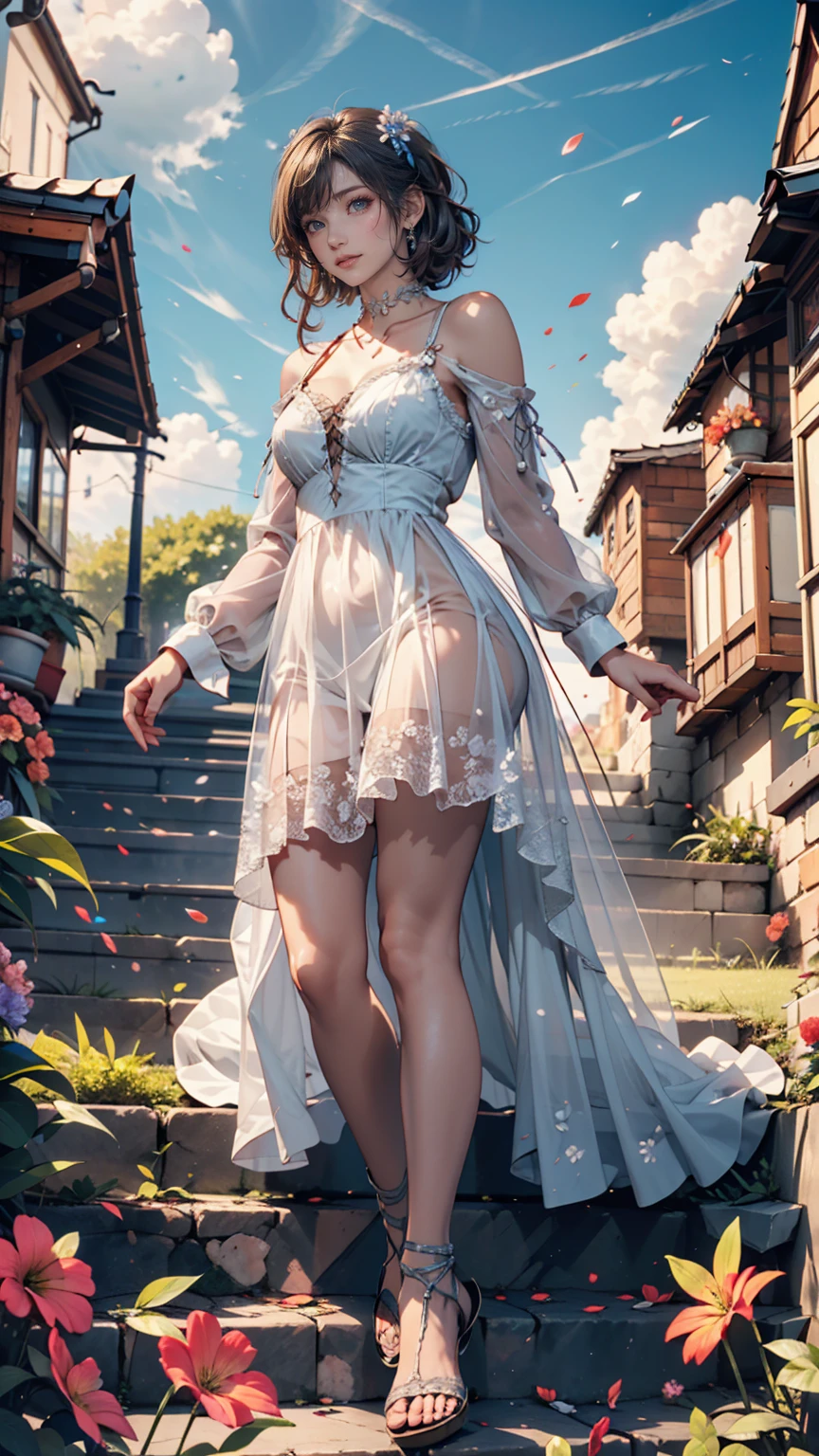  Stairs on the promenade leading to a small hill covered with grass、24 year old Caucasian female、 Silver Hair、Chignon、lace choker、Mini Sheer Summer Dress 、 lace up sandals 、blue sky、cloud、Lots of flowers