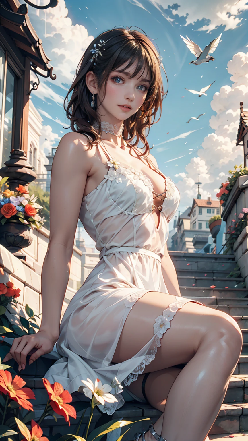  Stairs on the promenade leading to a small hill covered with grass、24 year old Caucasian female、 Silver Hair、Chignon、lace choker、Mini Sheer Summer Dress 、 lace up sandals 、blue sky、cloud、Lots of flowers