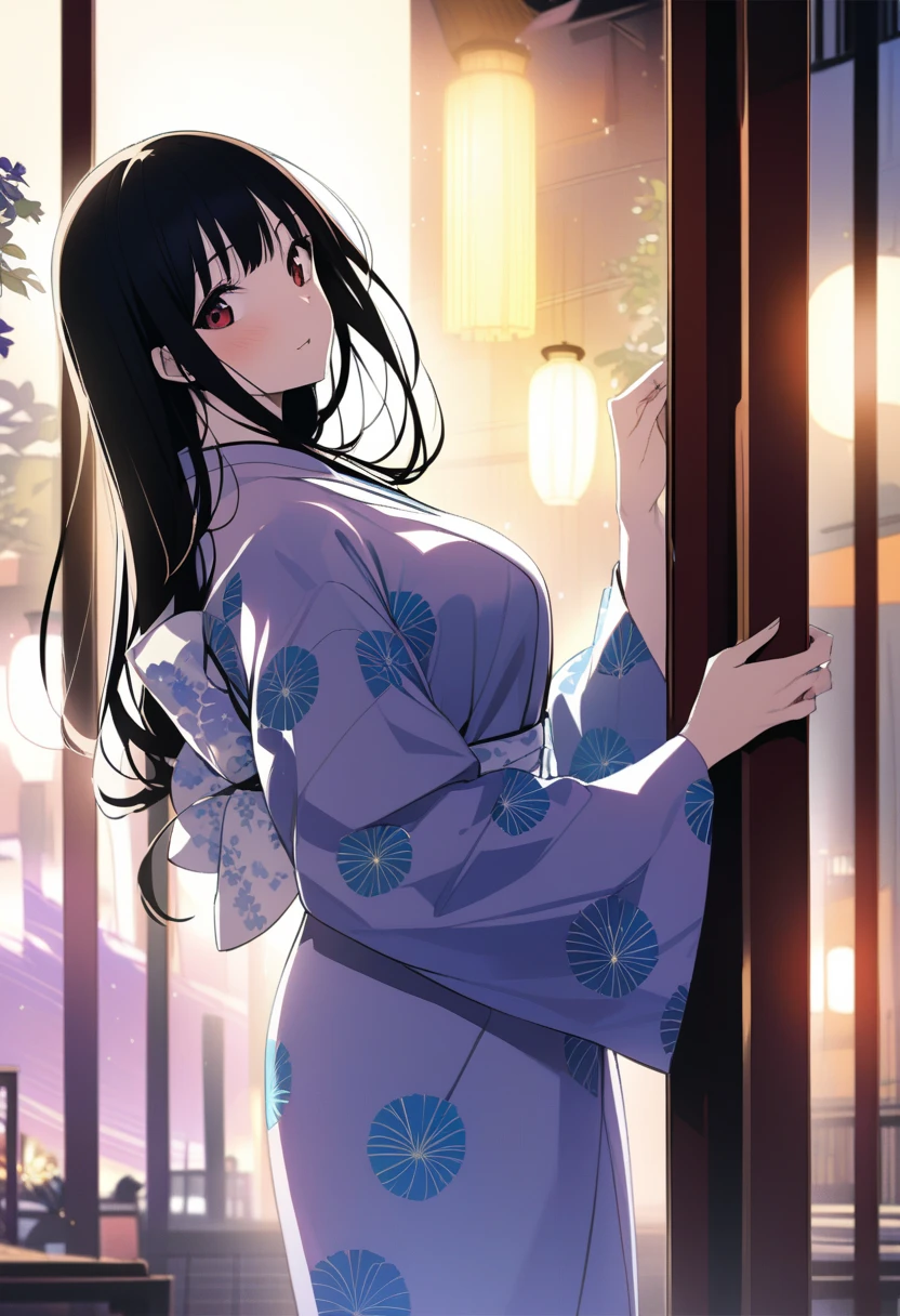 masterpiece,   Details, 8k, Best Quality, Novel illustrations,  1 girl, yukata, カラフルなyukata , slender, Black Hair, Long Hair,Hair long enough to reach your feet、  short bang ,   Details face,  Red eyes ,  Big Breasts、 and stare at my tall boyfriend、I look up shyly 、 A lovely blushing smile ,  hold hands with her,  sleeveless, off shoulder、 We look at each other's visible chest 、 A bustling summer festival at night, Dazzling fireworks 、Accurate hands、the girlfriend 、profile、 beside you、Next to me、