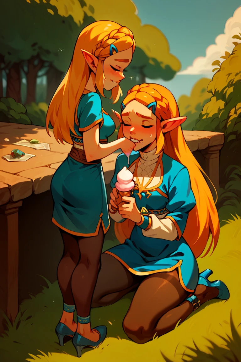 princess zelda, outside, hyrule, red highlights, black tights, 6 inch blue heels ankle straps, biting lip, princess dress, eating ice cream, dripping