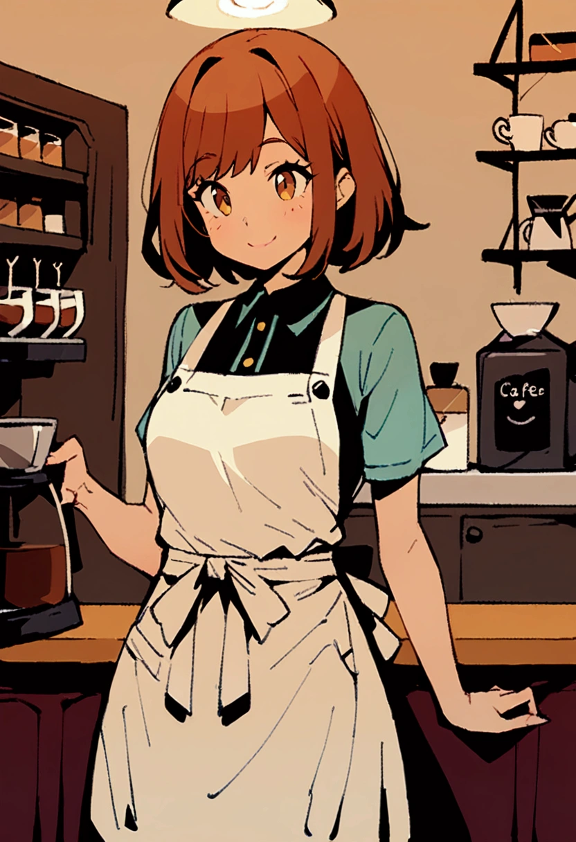 超 Details、 best quality、masterpiece、 cartoon style、 Details、 best quality、masterpiece、Brown Hair、 medium hair、solo、smile、Cafe、apron、coffee、apron、coffeeショップ、barista girl 